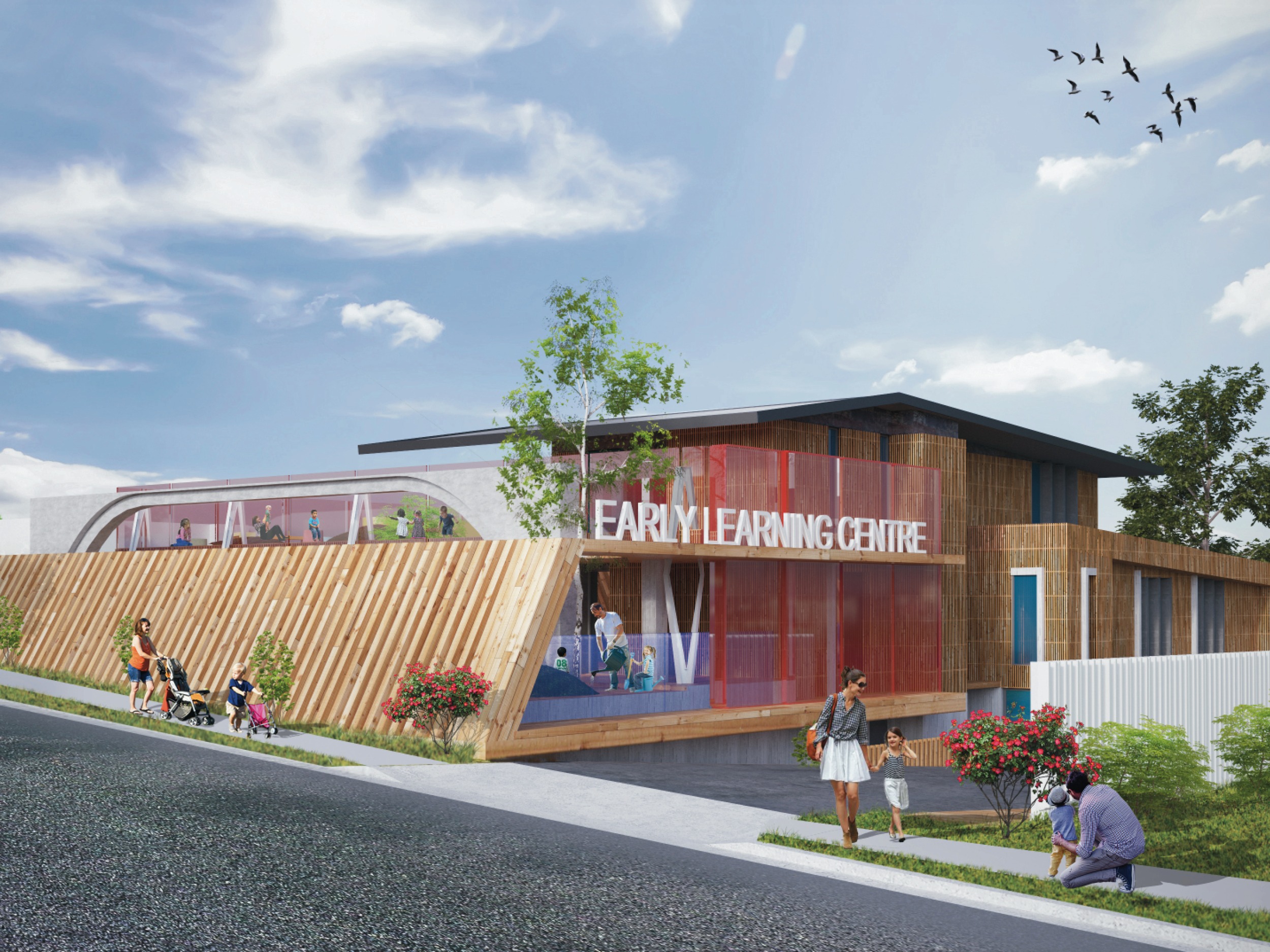 Modern childcare centre exterior with welcoming design, large windows, and landscaped surroundings, representing Mollard Property Group’s expertise in creating compliant, high-quality childcare developments.