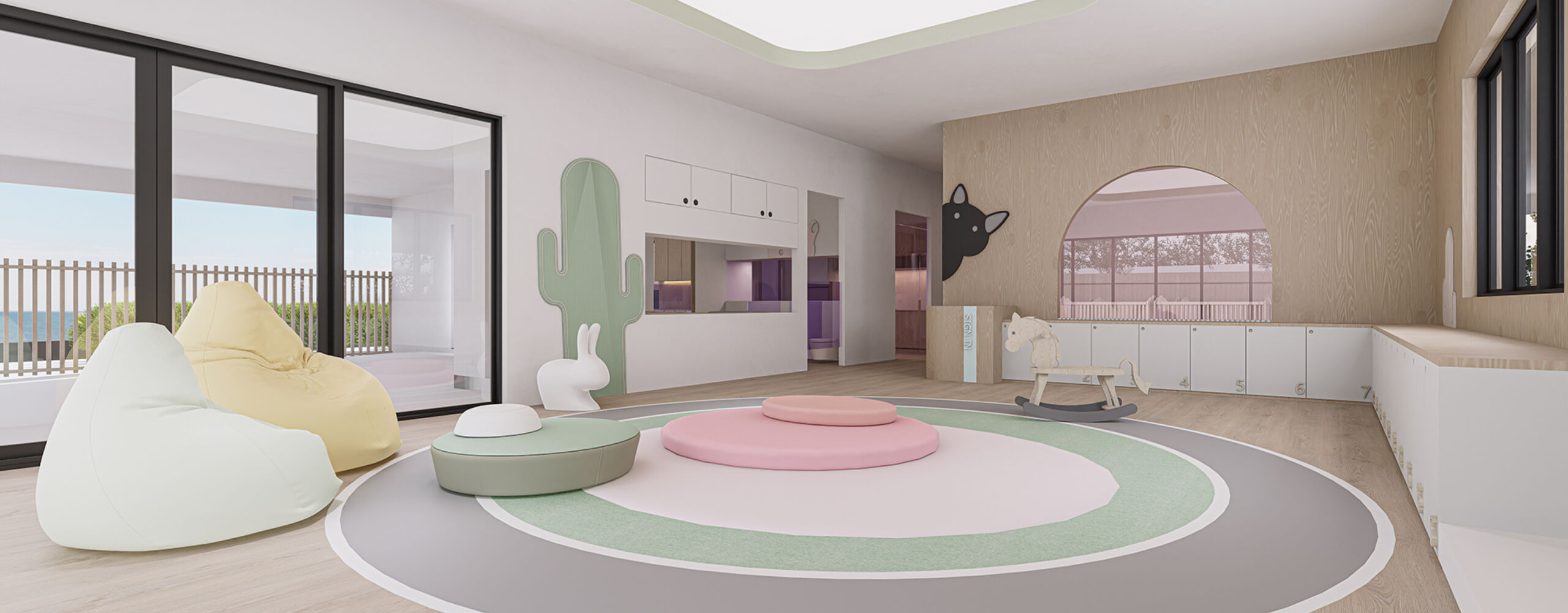 Interior of a modern childcare centre featuring bright, open play spaces with natural light, age-appropriate furniture, and well-planned room layout. The design highlights clear visibility for supervision, seamless educator flow, and a safe, engaging environment for children—reflecting Mollard Property Group’s focus on compliant, efficient, and high-performing childcare design.