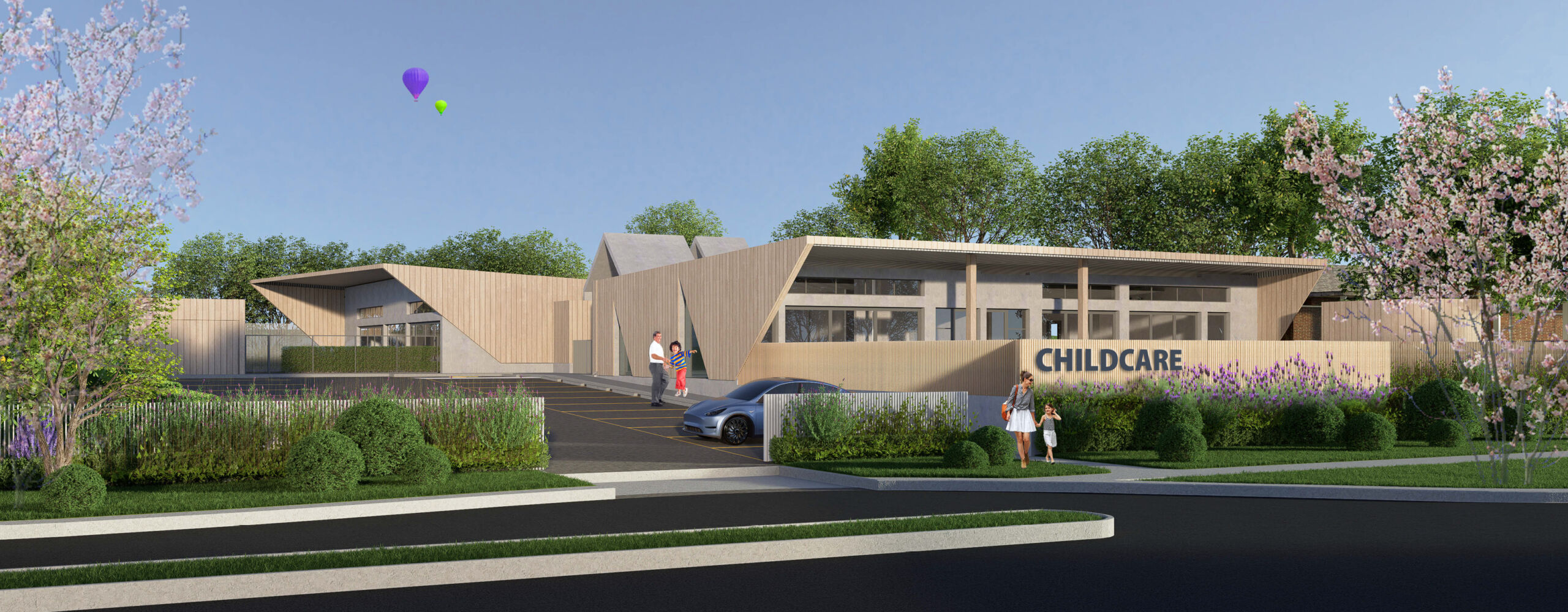 Modern childcare centre exterior featuring bright, welcoming architecture with natural materials, large windows, outdoor play areas, and landscaped surroundings - representing high-quality, purpose-built early learning environments.