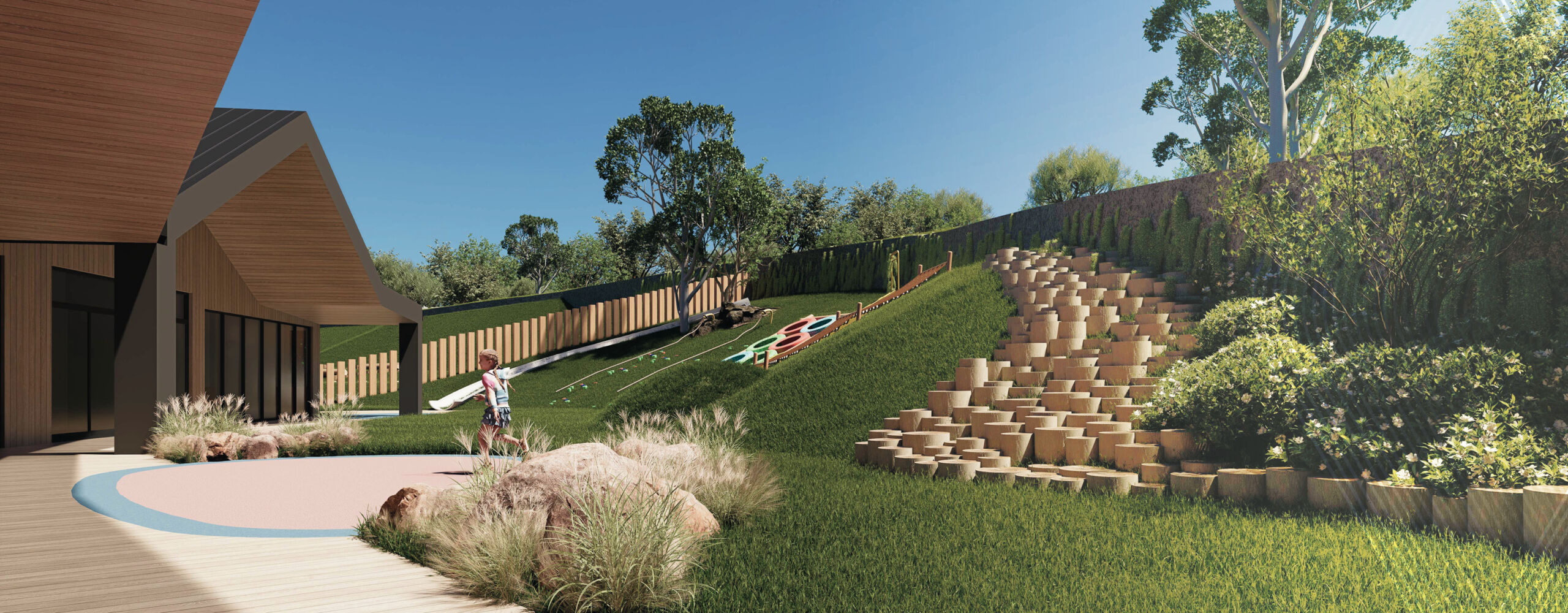 Exterior view of a modern childcare centre with bright colours, safe outdoor play areas, and welcoming signage, representing Mollard Property Group’s expertise in designing and developing early learning facilities.