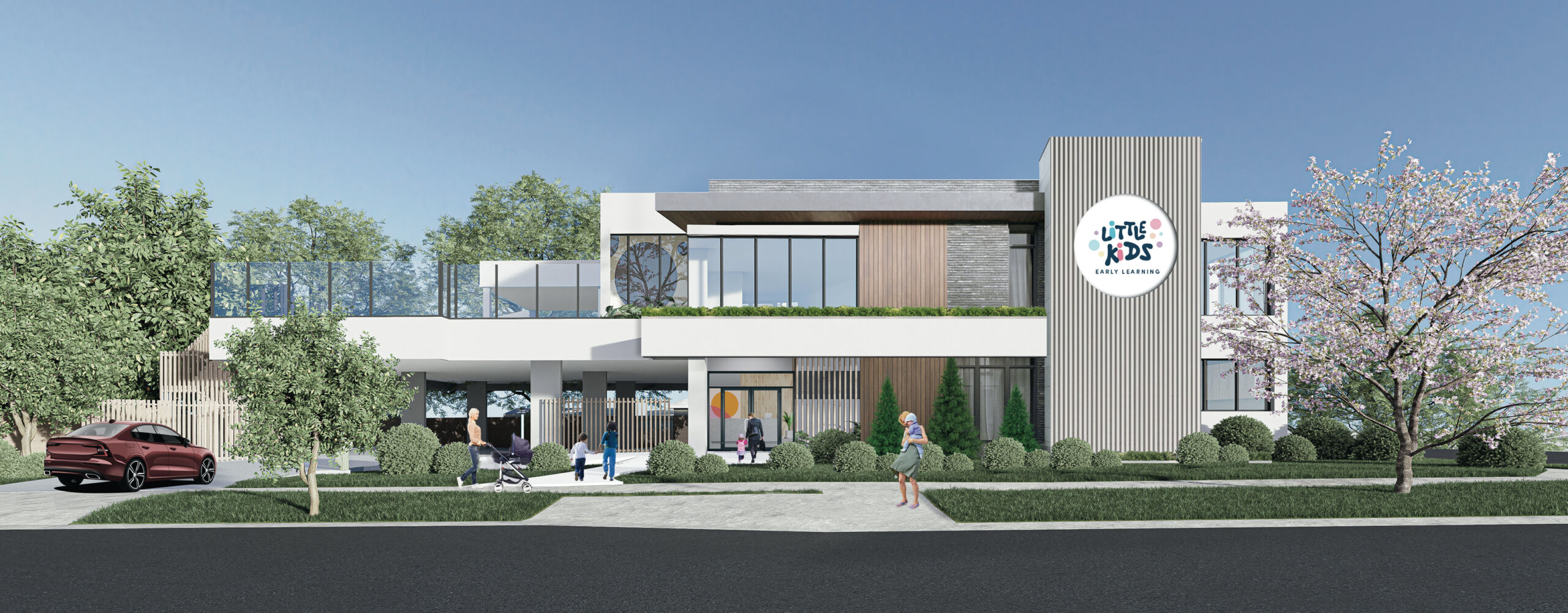 Modern childcare centre exterior with bright, welcoming design and landscaped play areas, representing the importance of securing timely development approvals to protect investment opportunities in high-demand locations.