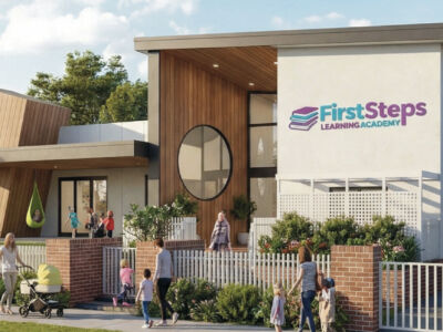 Modern childcare centre building with secure outdoor play area, shaded playground equipment and welcoming entrance.