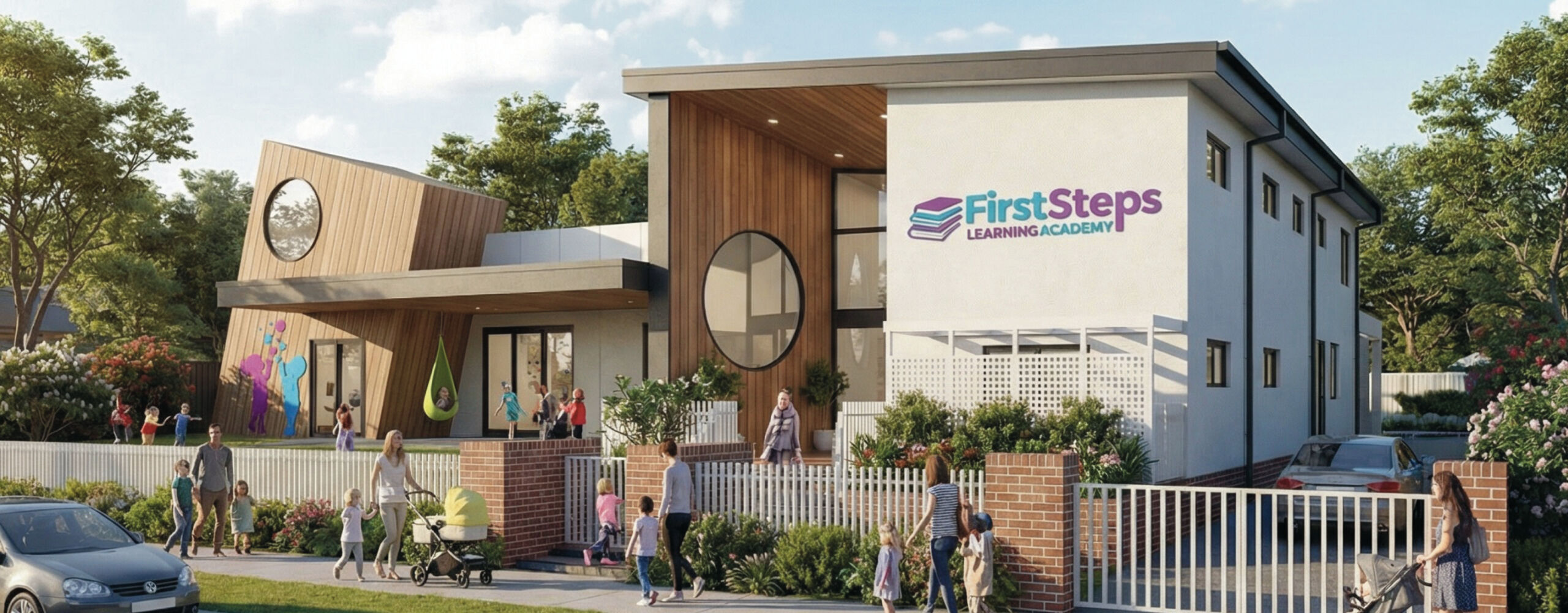 Modern childcare centre building with secure outdoor play area, shaded playground equipment and welcoming entrance.