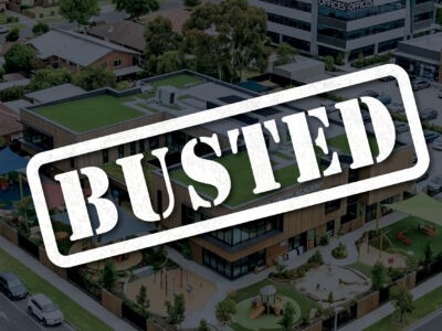 Bird’s-eye view of a modern childcare centre with outdoor play areas, landscaped grounds, and adjacent parking, illustrating a high-quality, well-planned childcare development suitable for investment and expansion.