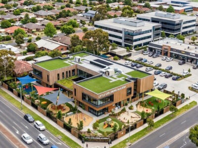 Bird’s-eye aerial view of a modern childcare centre, showing purpose-built buildings, outdoor play areas, and surrounding residential neighbourhood. Overlaid promotional messaging from Mollard Property Group highlights the urgency of securing high-quality childcare sites early in Australia’s fastest-growing corridors, emphasising off-market opportunities, data-driven site selection, and the importance of early strategic planning to stay ahead of competitors and avoid costly development challenges.
