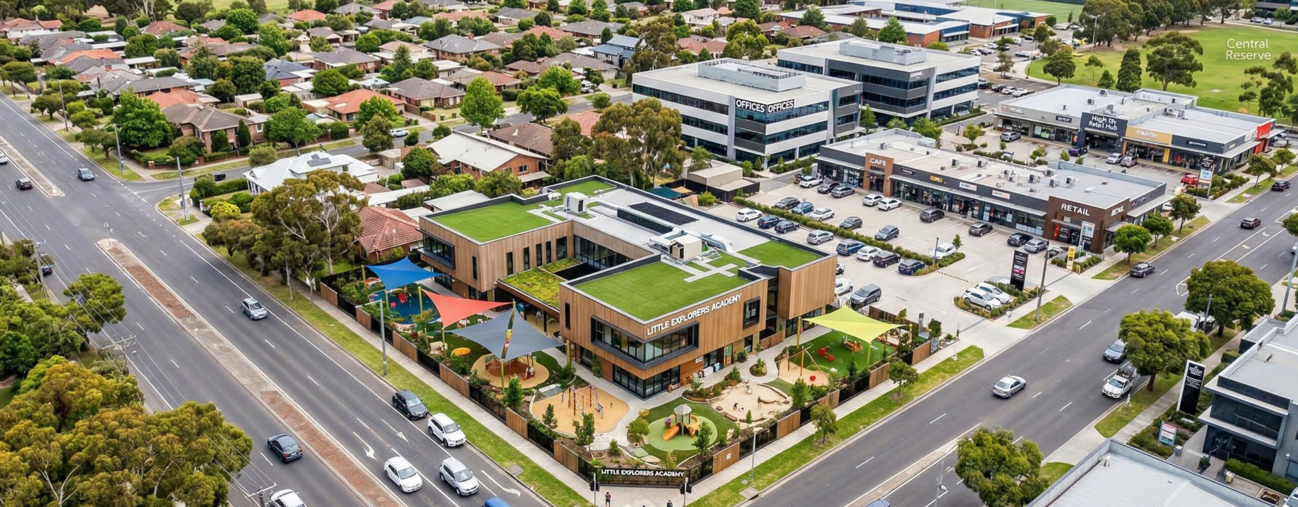 Bird’s-eye aerial view of a modern childcare centre, showing purpose-built buildings, outdoor play areas, and surrounding residential neighbourhood. Overlaid promotional messaging from Mollard Property Group highlights the urgency of securing high-quality childcare sites early in Australia’s fastest-growing corridors, emphasising off-market opportunities, data-driven site selection, and the importance of early strategic planning to stay ahead of competitors and avoid costly development challenges.