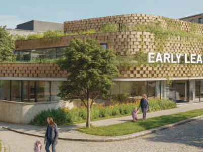 Modern purpose-built childcare centre exterior with secure entry, landscaped outdoor play areas, shaded equipment, and clearly defined drop-off zone, reflecting a commercially designed, high-capacity early learning facility focused on operational efficiency and long-term asset performance.