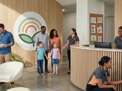 Modern childcare centre reception area with a welcoming, family-friendly design, featuring a front desk, warm timber finishes, soft lighting, and child-focused décor—representing an inviting space for families as the centre expands capacity and enrols more children.