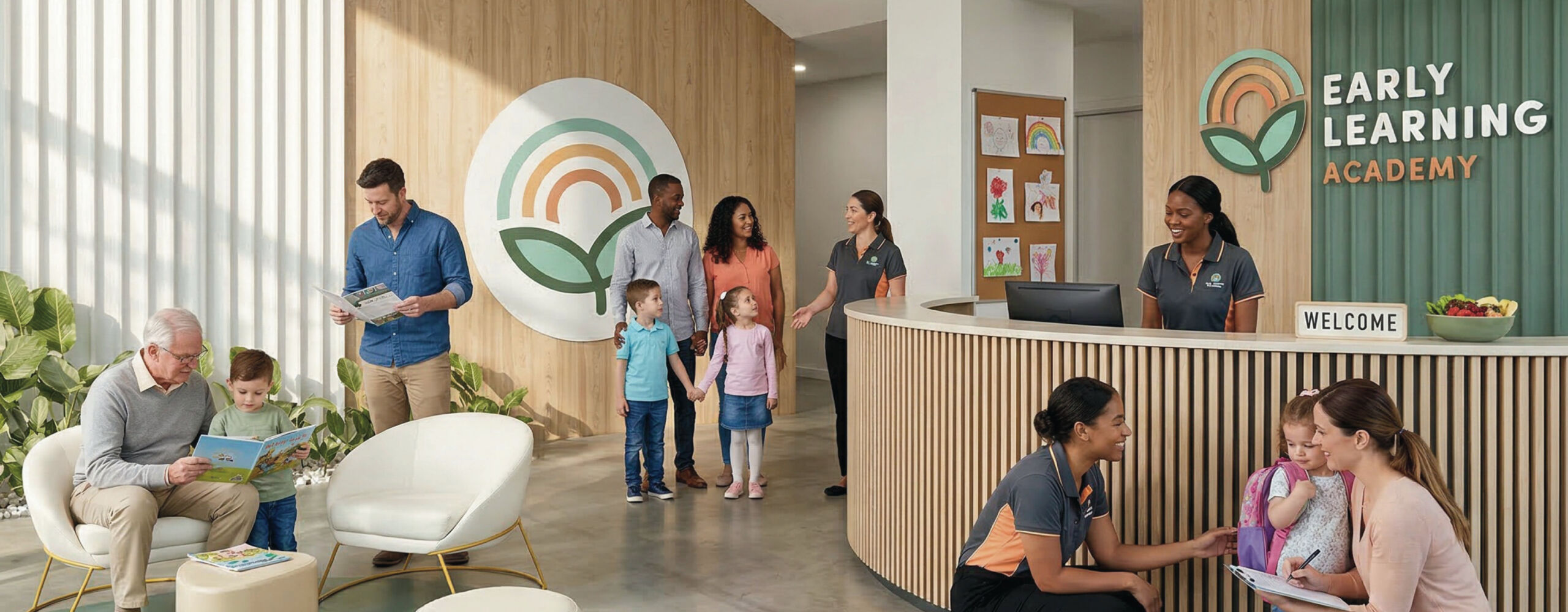 Modern childcare centre reception area with a welcoming, family-friendly design, featuring a front desk, warm timber finishes, soft lighting, and child-focused décor—representing an inviting space for families as the centre expands capacity and enrols more children.
