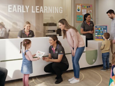 Mollard Property Group graphic featuring a modern childcare centre reception with educators, children and families interacting in a welcoming early learning environment. The image includes the headline “The 2026–27 Federal Budget Signals a New Era for Childcare Operators” and highlights the impact of federal budget changes on childcare property strategy, long-term asset ownership, and early learning development in Australia.