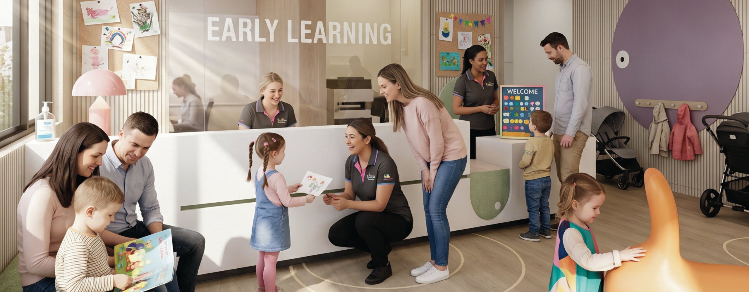 Mollard Property Group graphic featuring a modern childcare centre reception with educators, children and families interacting in a welcoming early learning environment. The image includes the headline “The 2026–27 Federal Budget Signals a New Era for Childcare Operators” and highlights the impact of federal budget changes on childcare property strategy, long-term asset ownership, and early learning development in Australia.