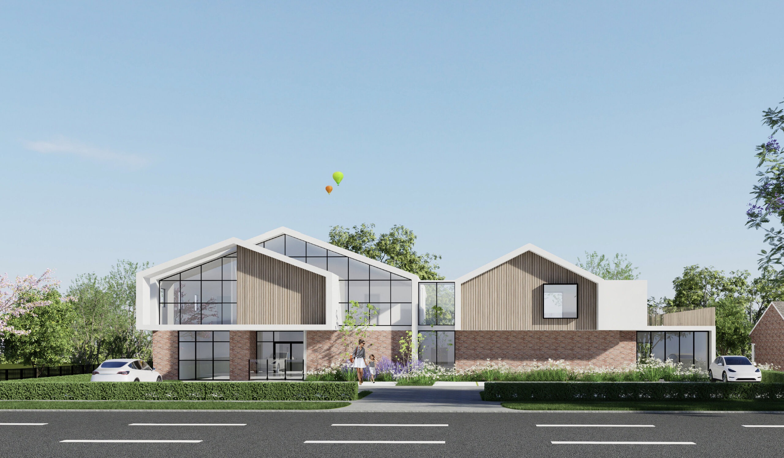 Childcare centre facade render with street frontage
