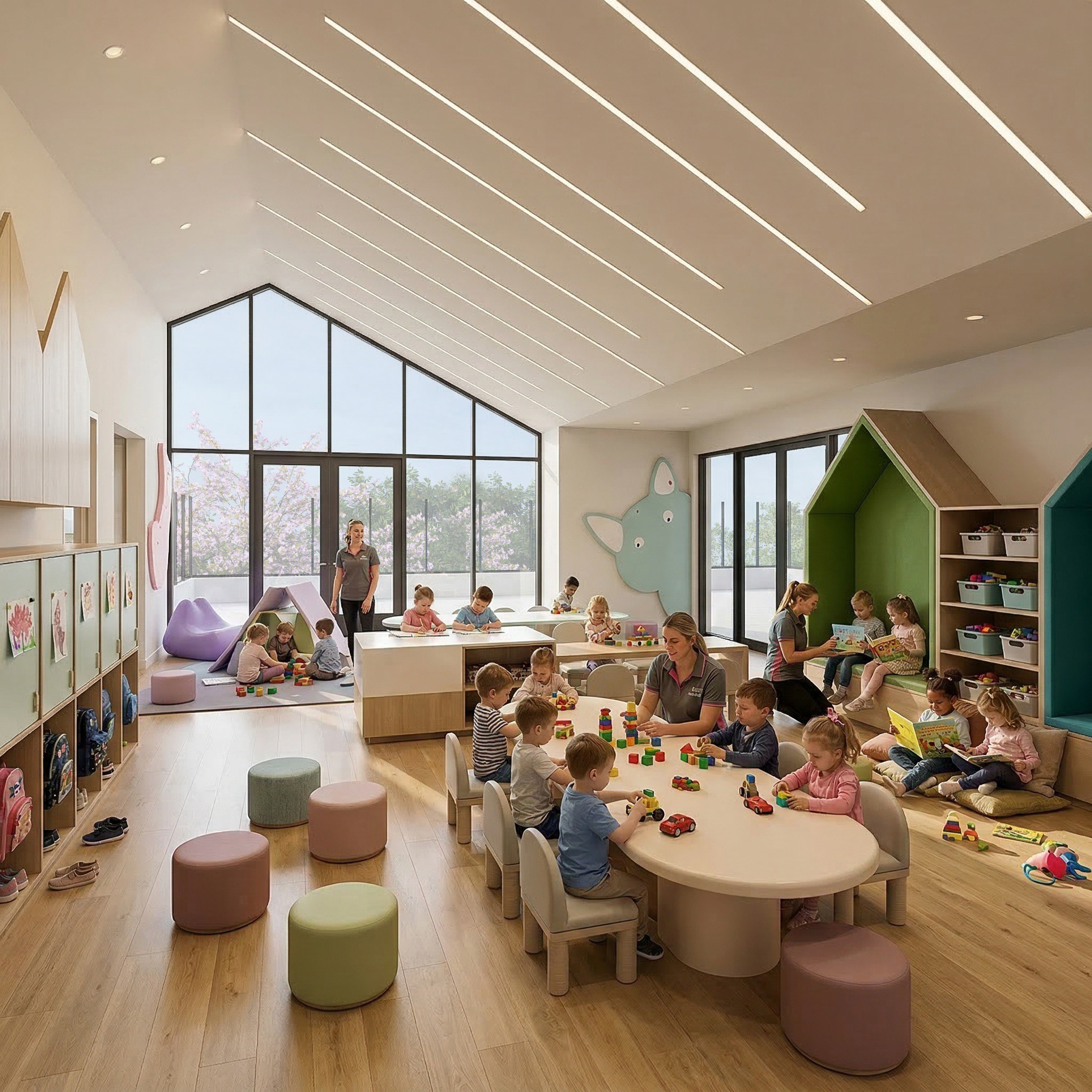Calm, naturally-lit childcare playroom