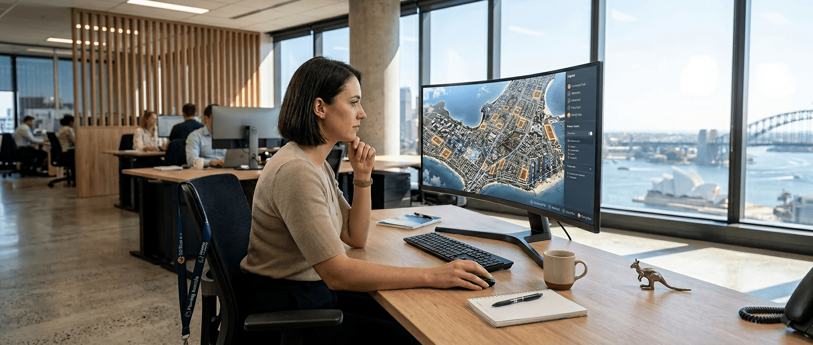 Mollard analyst reviewing the HBU analytics map in a harbourside office