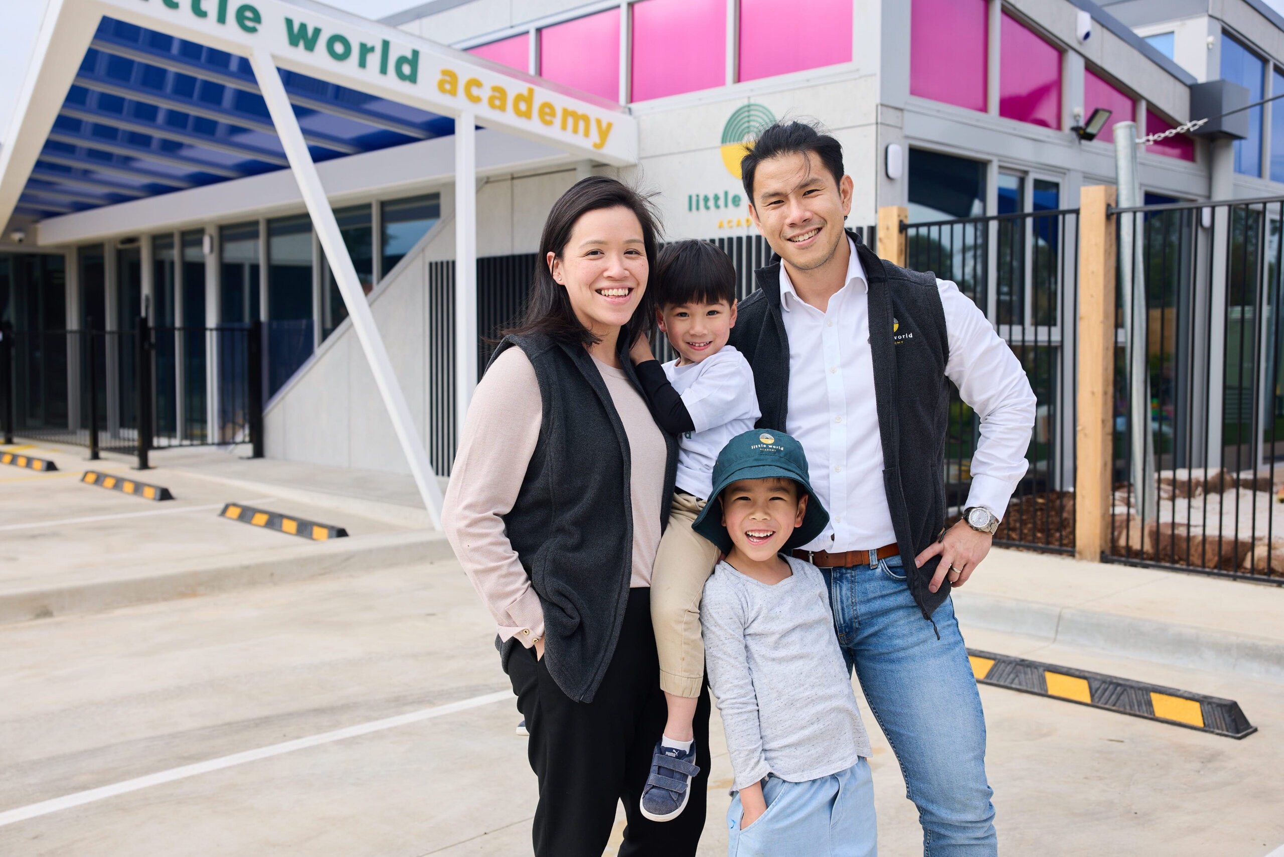 Family outside a leased childcare centre