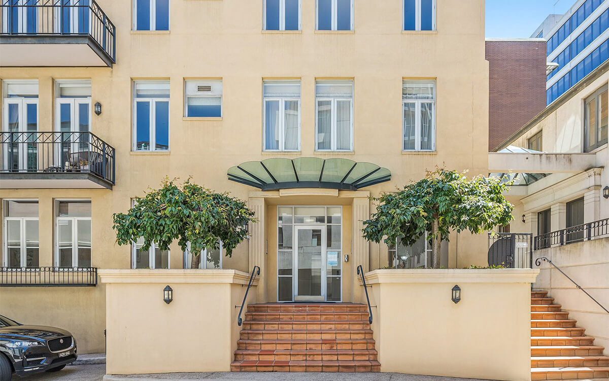 Main entrance to the Albert Street residential apartment building in East Melbourne.
