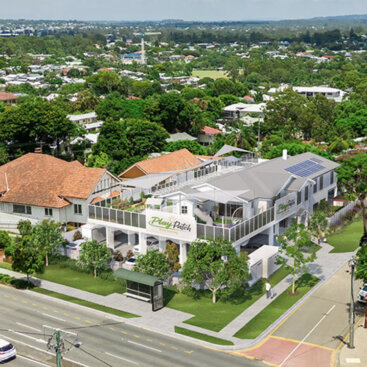 Aerial rendering of Play Patch Early Learning in Annerley at a leafy suburban intersection.