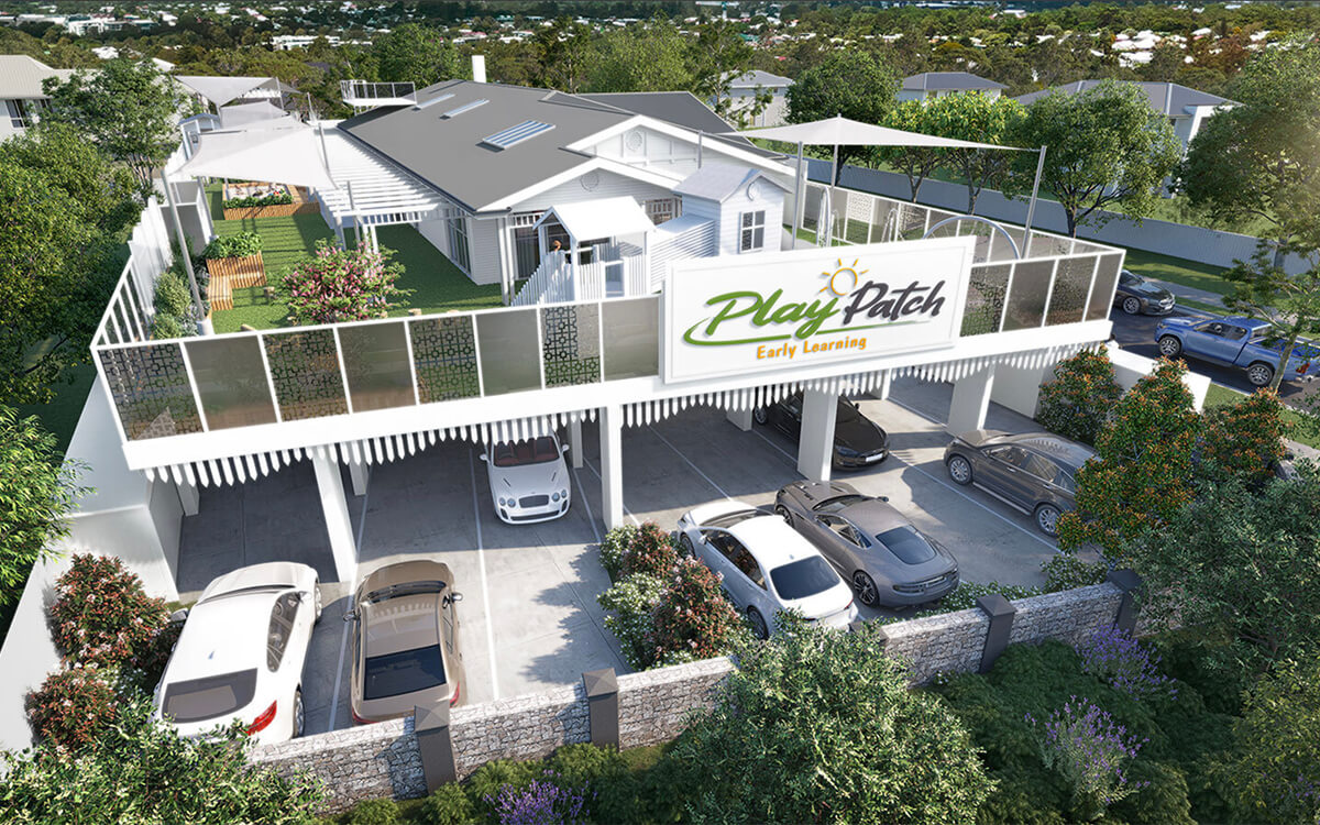 Aerial rendering of Play Patch Early Learning in Annerley showing the upper-level play area and ground-floor parking.