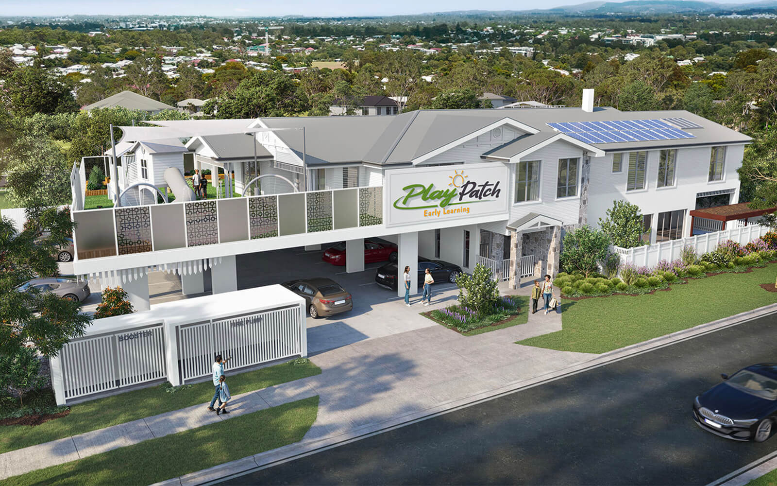 Front aerial rendering of Play Patch Early Learning in Annerley with landscaped grounds, parking and outdoor play areas.
