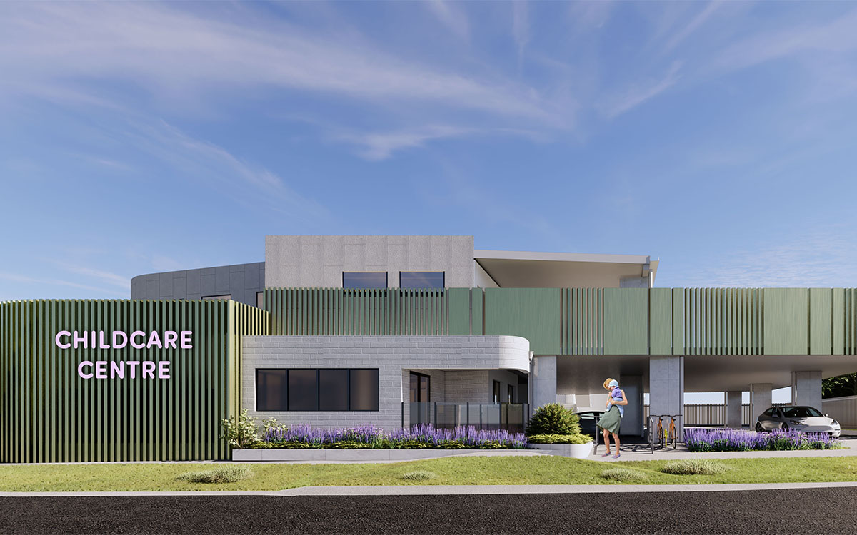 Main entrance to the Bell Street childcare centre featuring landscaped gardens, covered drop-off area and modern architectural design.