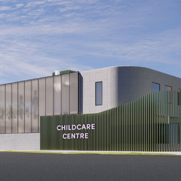Front elevation of the Bell Street childcare centre showcasing contemporary architecture and feature façade.