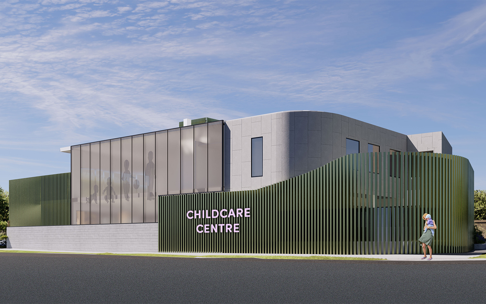 Front elevation of the Bell Street childcare centre showcasing contemporary architecture and feature façade.