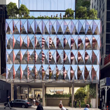 Street view of HEI Schools Early Learning Centre on Charlotte Street, Brisbane with distinctive geometric façade.