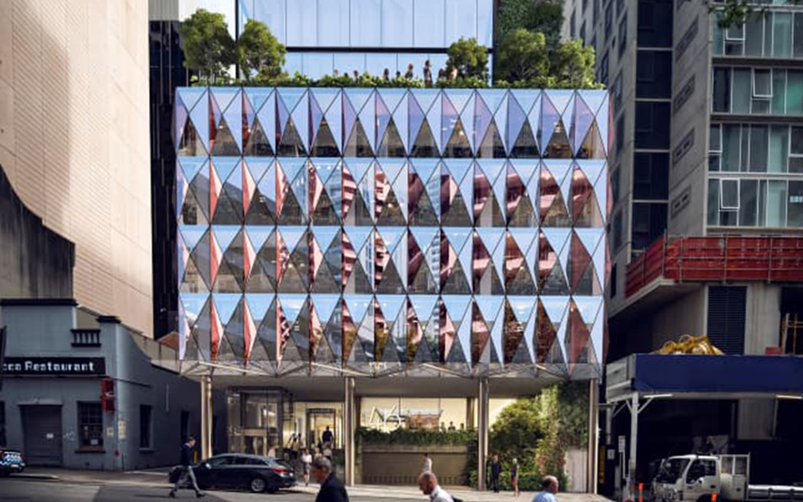 Street view of HEI Schools Early Learning Centre on Charlotte Street, Brisbane with distinctive geometric façade.