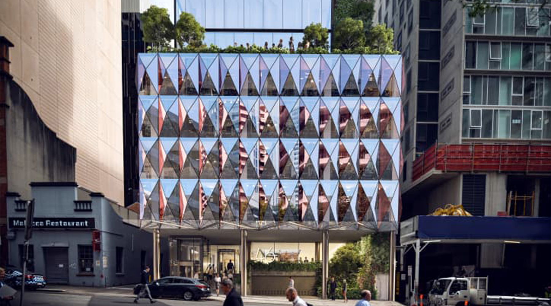 HEI Schools Early Learning Centre building on Charlotte Street, Brisbane featuring a modern geometric façade.