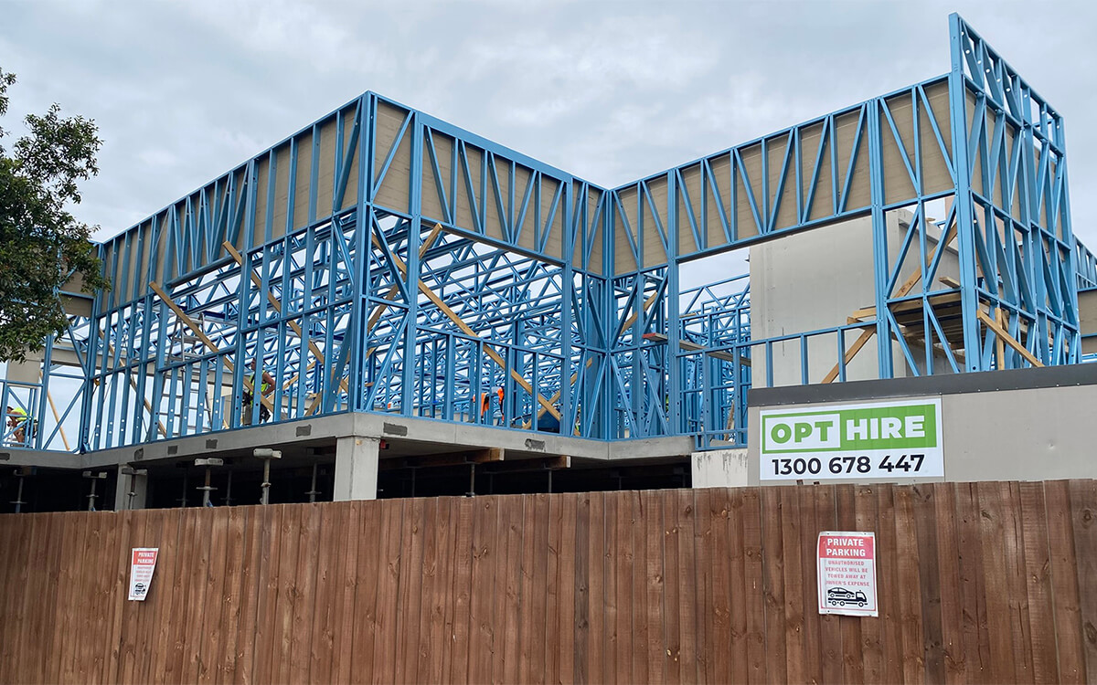 Construction progress at the Coburg North Childcare Centre showing the steel wall framing during early structural works.