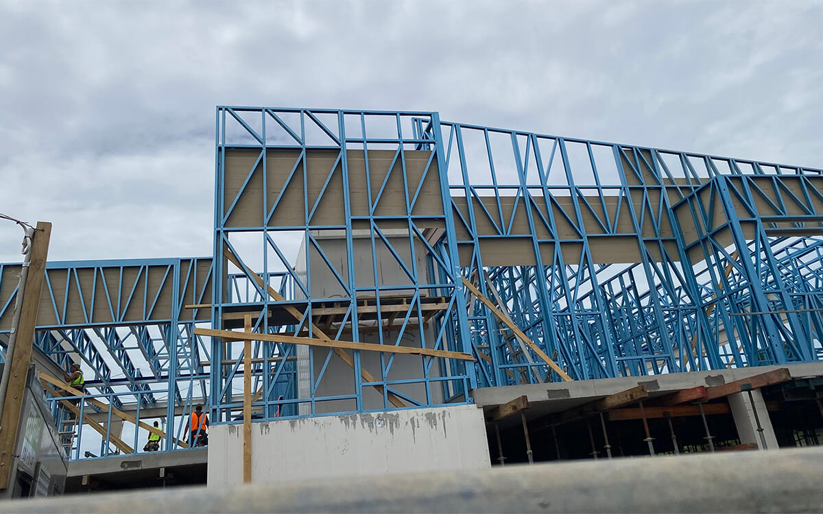 Close-up of steel framing installation during construction of the Coburg North Childcare Centre.