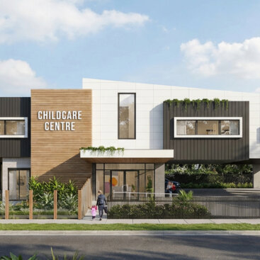 Front perspective rendering of the Coburg North Childcare Centre with modern architecture and landscaped grounds.