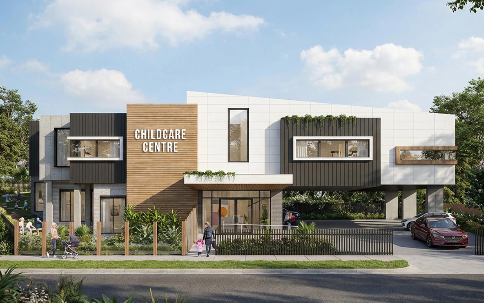 Front perspective rendering of the Coburg North Childcare Centre with modern architecture and landscaped grounds.