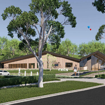 Front elevation rendering of the CECS Cowra Early Childhood Centre surrounded by landscaped gardens.