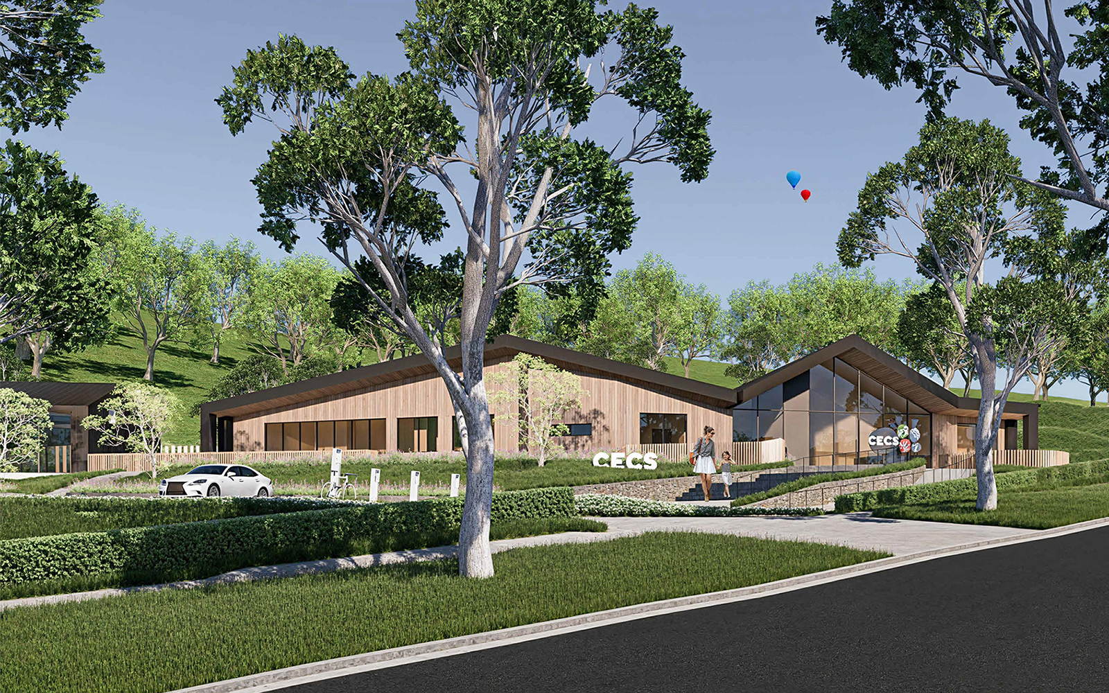 Front elevation rendering of the CECS Cowra Early Childhood Centre surrounded by landscaped gardens.