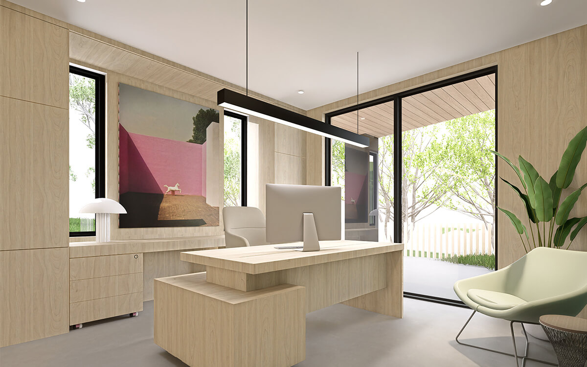 Administration office at the CECS Cowra Early Childhood Centre featuring wooden joinery and garden views.