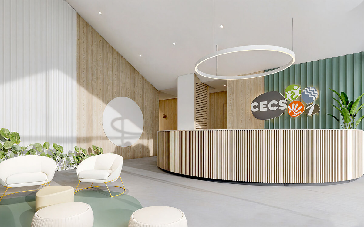 Reception area of the CECS Cowra Early Childhood Centre featuring curved wooden joinery and welcoming seating.