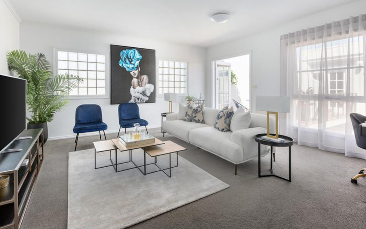 Modern apartment living room at Henrietta Street, Hawthorne with contemporary furnishings and natural light.