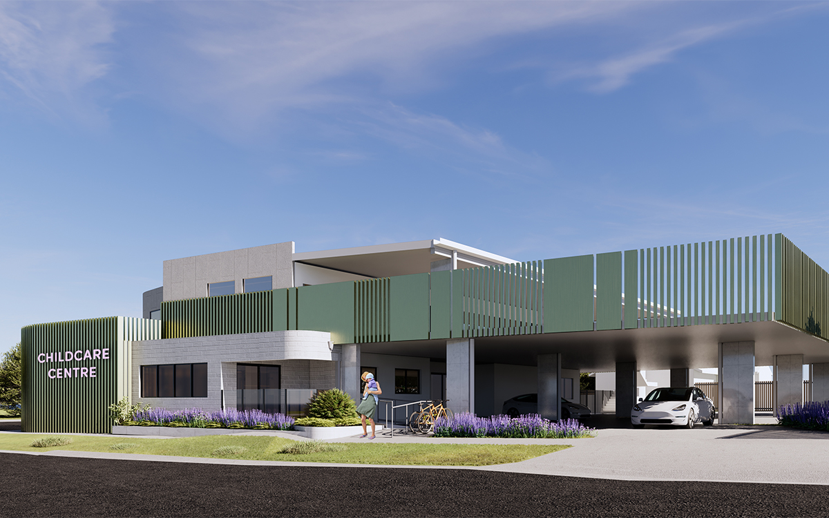 Side entrance to the Bell Street childcare centre with covered parking, landscaped gardens and accessible entry.