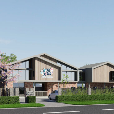 Architectural visualisation of an early learning centre with landscaped frontage, entry signage and street-facing façade.