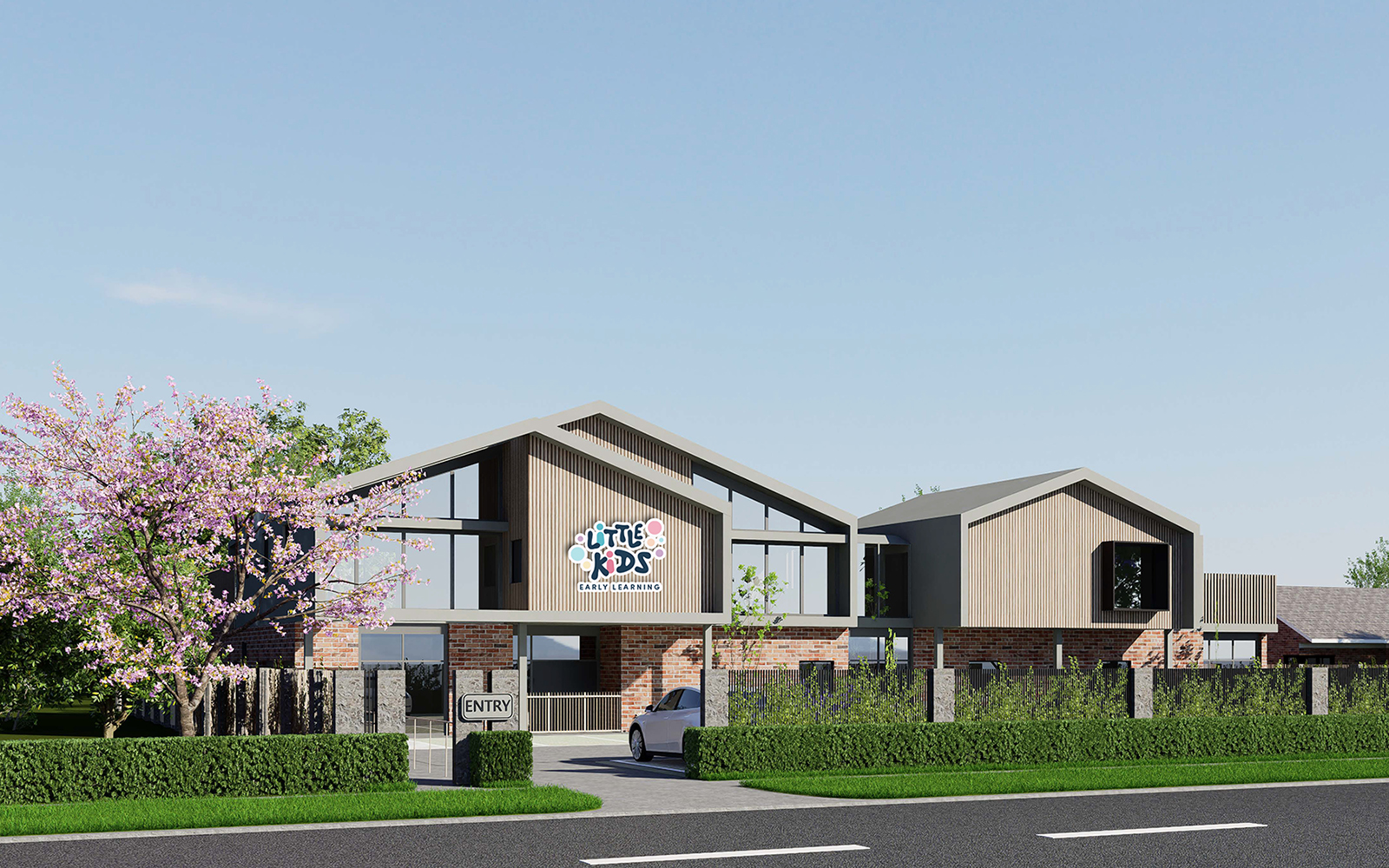 Architectural visualisation of an early learning centre with landscaped frontage, entry signage and street-facing façade.