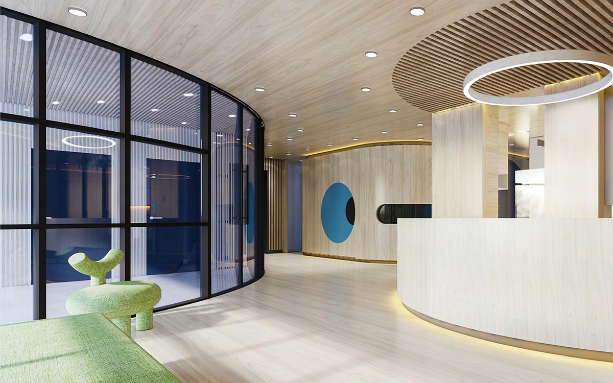 Reception and entrance area of the Bell Street childcare centre with contemporary timber finishes, curved reception desk and welcoming interior design.