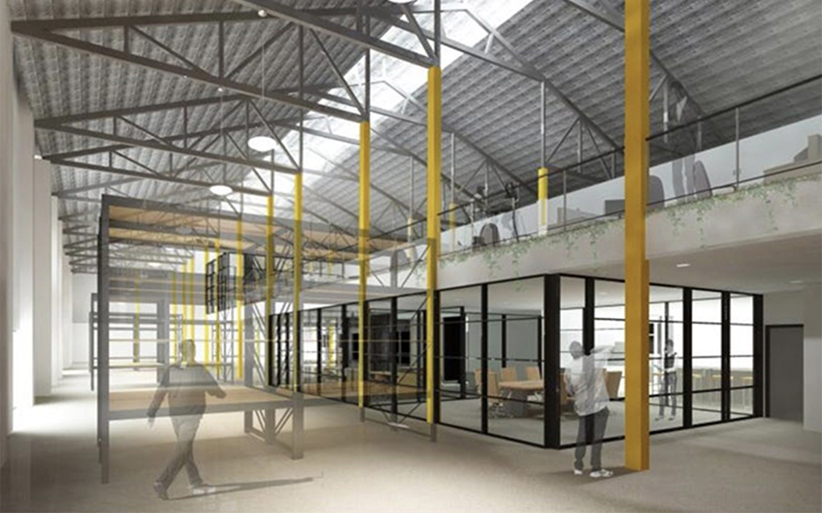 Concept interior showing a large open space with high ceilings, glazed rooms, mezzanine level and structural columns.