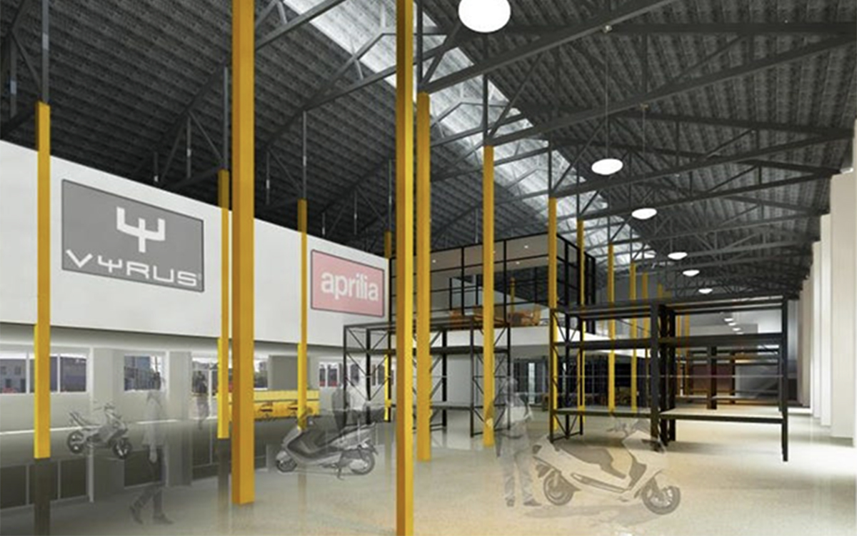 Concept interior showing an open-plan commercial space with mezzanine level, structural columns and high ceilings.