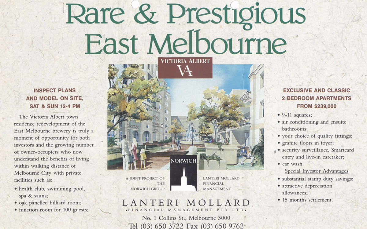Historic advertisement for the Victoria Albert apartment redevelopment at the former East Melbourne brewery site.