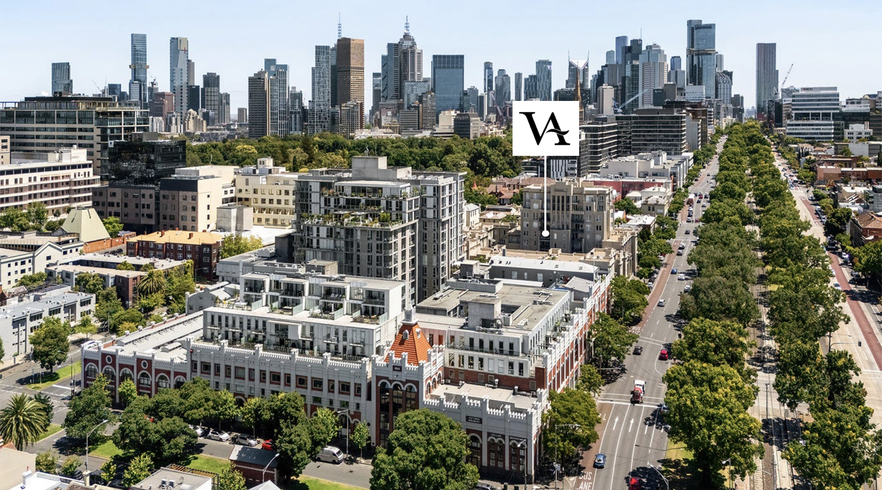 Aerial view of the Victoria Albert development highlighting its location near Melbourne's CBD.