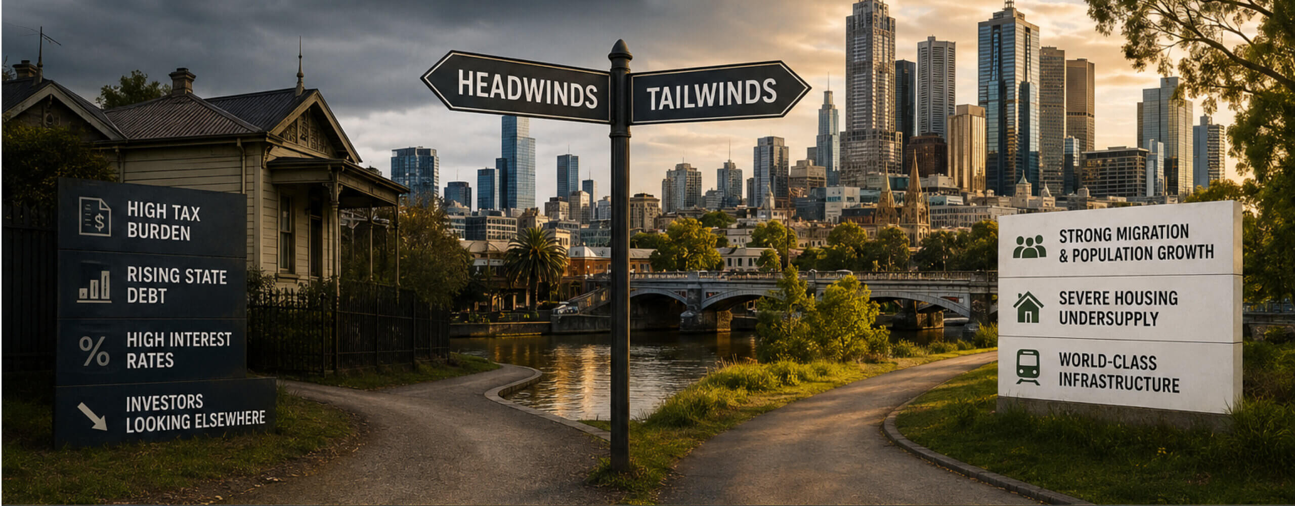 Victorian property market outlook for 2026 and 2027, showing Melbourne housing and development against a backdrop of economic, tax and infrastructure pressures.